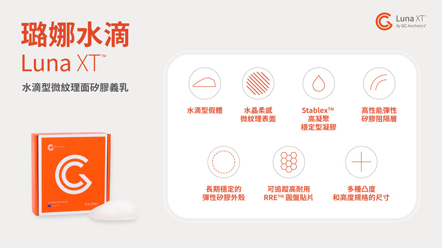 璐娜水滴LUNA XT™特色：水滴型假體、水晶柔感微紋理表面、Stablex™ 高凝聚穩定型凝膠、高性能彈性矽膠阻隔層、長期穩定的彈性矽膠外殼、可追蹤高耐用RRE™ 圓盤貼片、多種凸度和高度規格的尺寸