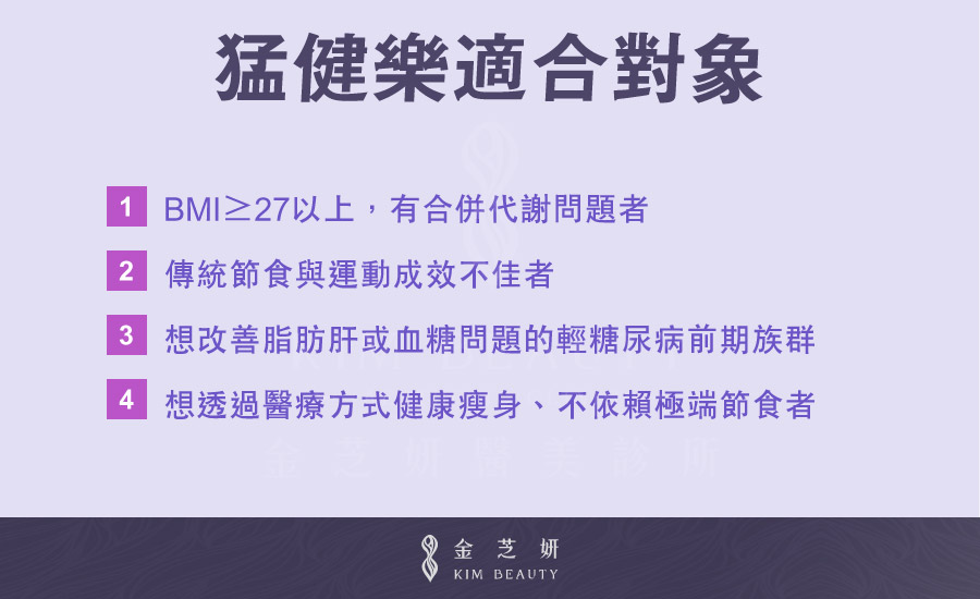 猛健樂適合對象：1.BMI ≥ 27 以上，有合併代謝問題者 2.傳統節食與運動成效不佳者 3.想改善脂肪肝或血糖問題的輕糖尿病前期族群 4.想透過醫療方式健康瘦身、不依賴極端節食者