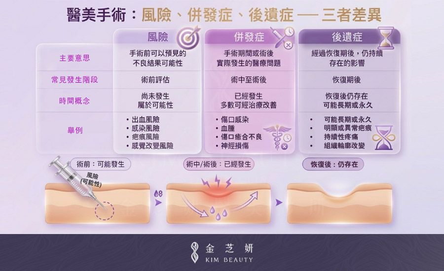 醫美手術的「風險」、「併發症」與「後遺症」三者彼此相關,但代表的階段與情況略有不同。風險是手術前可以預見的不良結果可能性;併發症是手術期間或術後實際發生的醫療問題;後遺症則較常指恢復後仍持續存在的影響。實務上三者可能互有重疊,仍應依實際發生時間、持續程度與醫師診斷判斷。桃園金芝妍醫美診所。